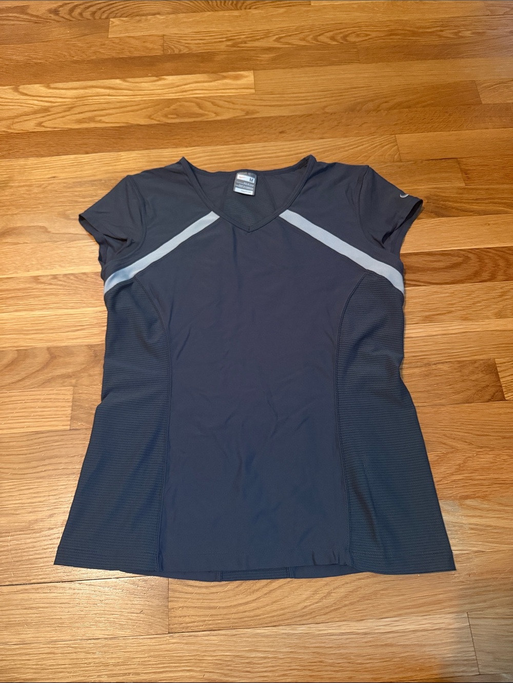 Nike Women’s Dark Gray Short-Sleeve V-Neck Athletic Tee with light gray Accents